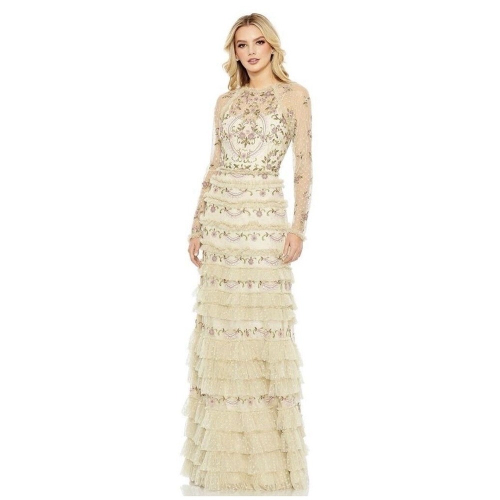 Mac Duggal 8030 Polka Dot Long Sleeve Floral Ruffle Tiered Maxi Dress Size 8